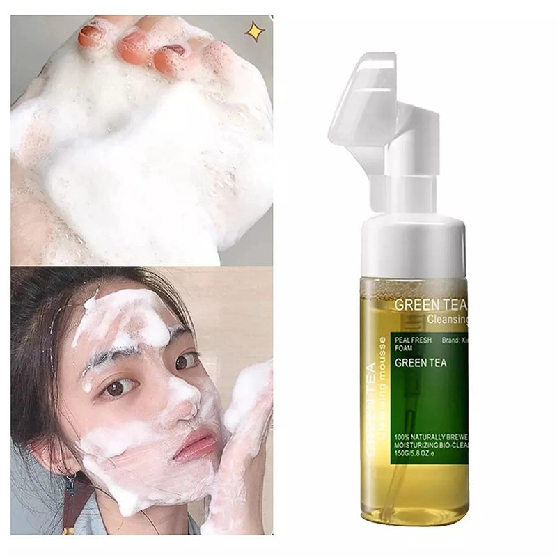 OEM Private Label Green Tea Extract Deep Cleansing Foam Facial Cleanser with Brush Facial Cleansing Mousse Face Wash