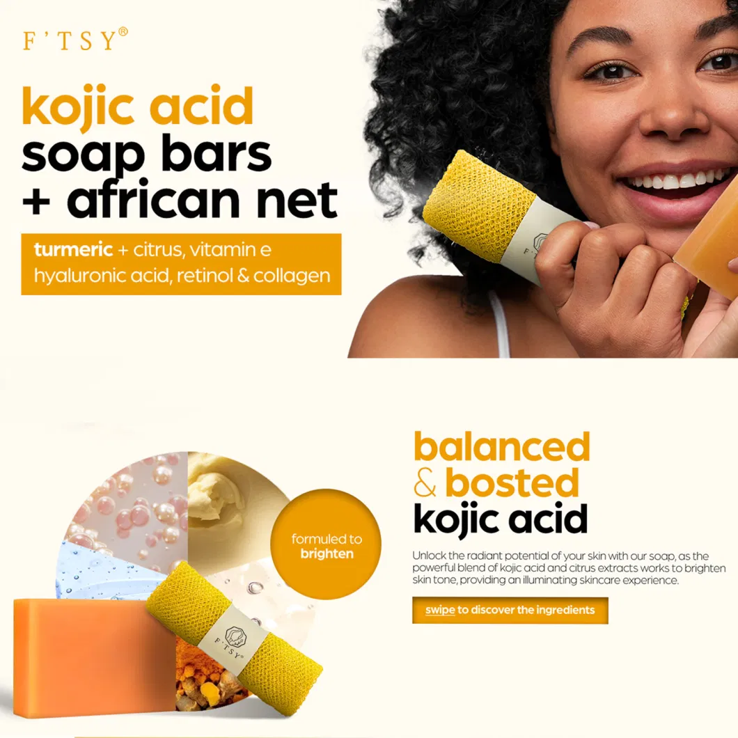 Private Label Vegan Handmade Kojie Soap Bar Hydrating Vitamin C Brightening Whitening Kojic Acid Soap with African Net