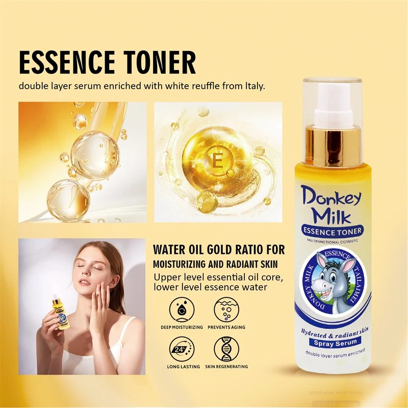 Tlm Supplier Custom Donkey Milk Radiant Essence Toner Hydrating Brightening Face Dark Spot Toner Collagen Serum Skin Toner Spray