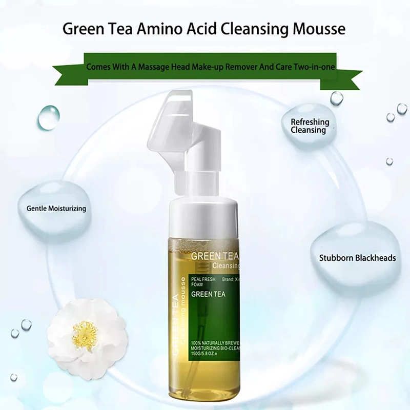 OEM Private Label Green Tea Extract Deep Cleansing Foam Facial Cleanser with Brush Facial Cleansing Mousse Face Wash