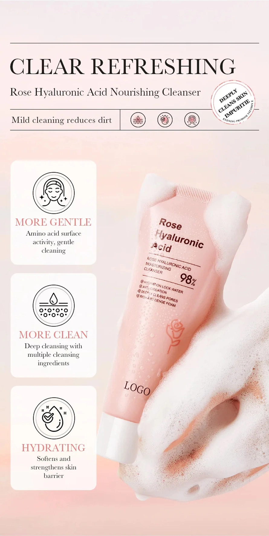 Di Tong OEM ODM Hyaluronic Acid Rose Deep Cleansing Facial Cleanser