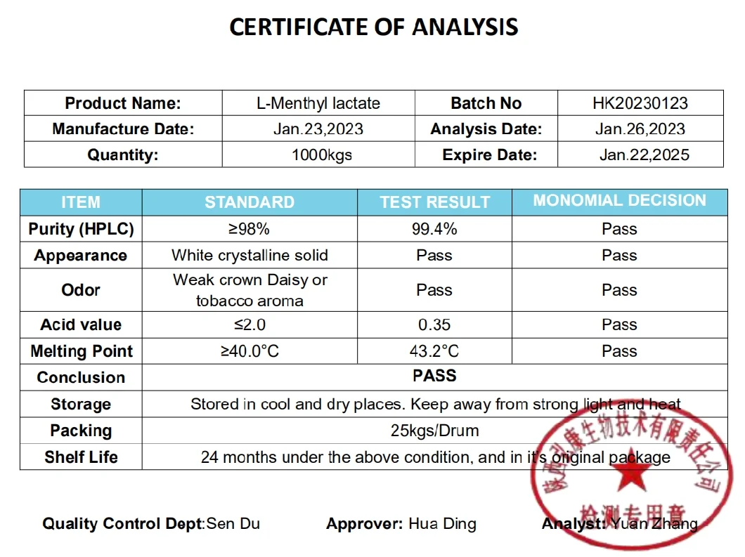 L-Menthyl Lactate Hong Kang Supply CAS Number 59259-38-0