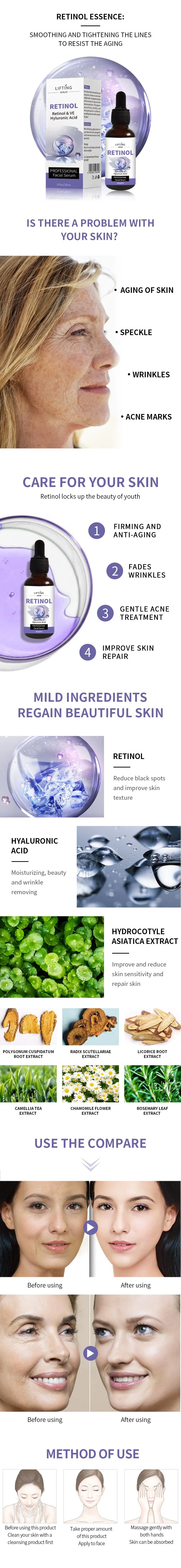 OEM/ODM Factory Skin Care Lightening Facial Serum Anti Aging Anti Wrinkle Firming Hyaluronic Acid Vitamin E Face Retinol Serum