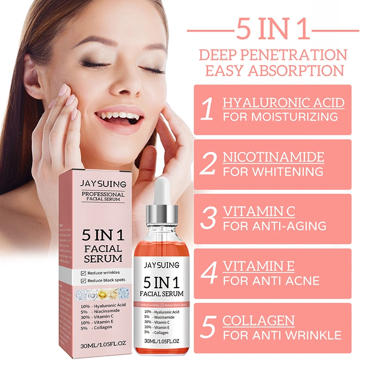 Wholesale 5 in 1 Private Label Korean Skincare Anti Aging Hyaluronic Acid Collagen Niacinamide Vitamin C E Skin Care Face Serum