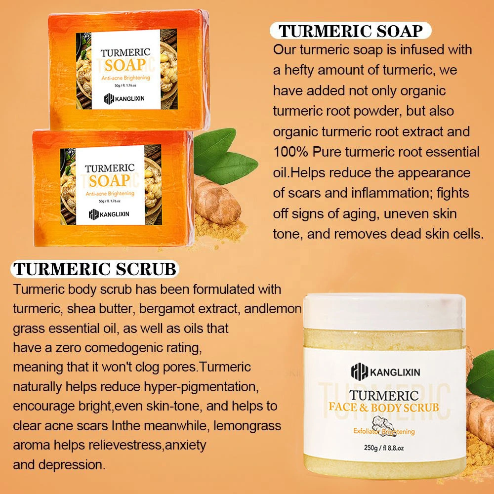 Deep Cleansing Body Soap Anti Acne Dark Spot Facial Repairing Whitening Brightening Turmeric Face Wash Skin Care Cream Exfoliating Scrub Turmeric Skincare Set