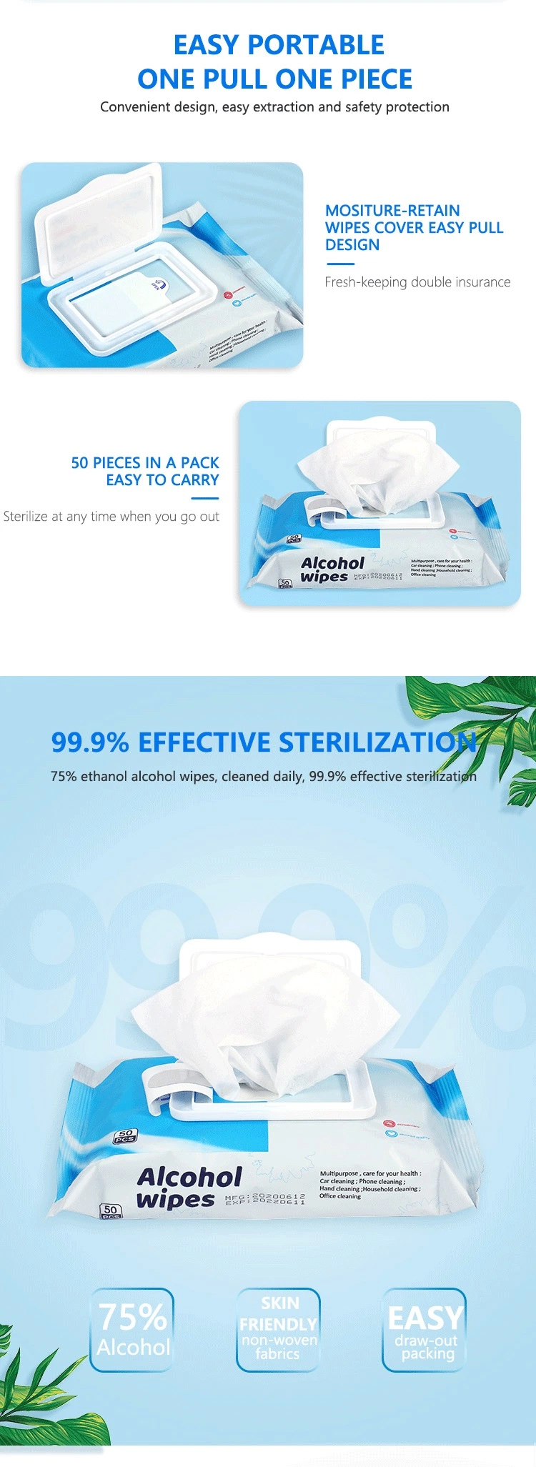 Fengle Sanitizing Wet Wipes - 60/80/100 Sheets with 75% Alcohol Wipes for Daily Use - Personal Fresh Wipes for Hand and Facial Wipes