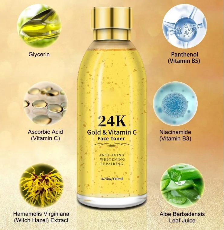 24K Gold Deep Repair Soothing Oil Control Anti Acne Facial Skin Hyaluronic Acid Moisturizing Brightening Shrinking Pore Vitamin C Whitening Face Toner