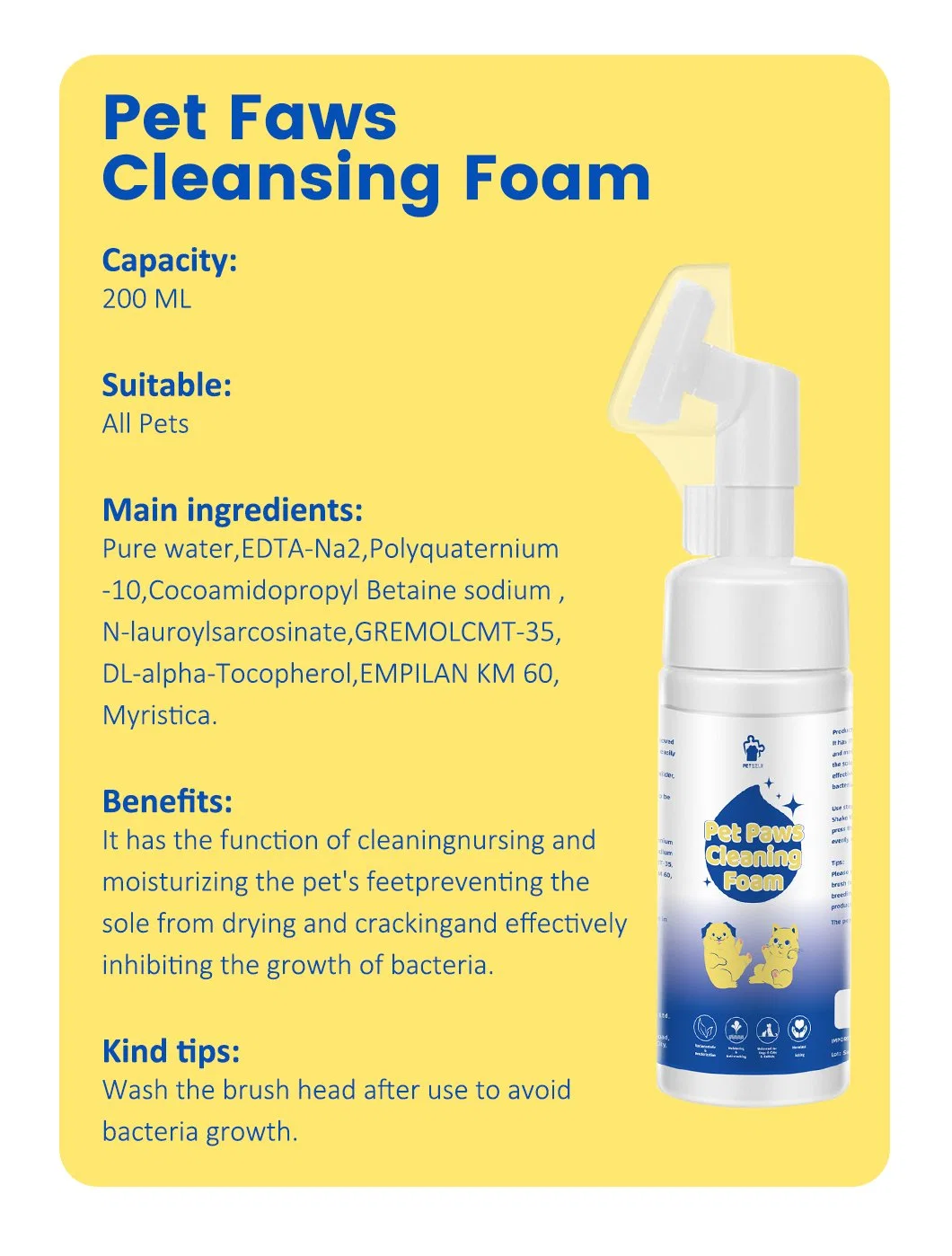 Wholesale Pet Supply 150ml Foam with Massage Head Pet Dogs&Cats Paw Deep Cleaning Foam Pet Foot Paw Cleansing Foam