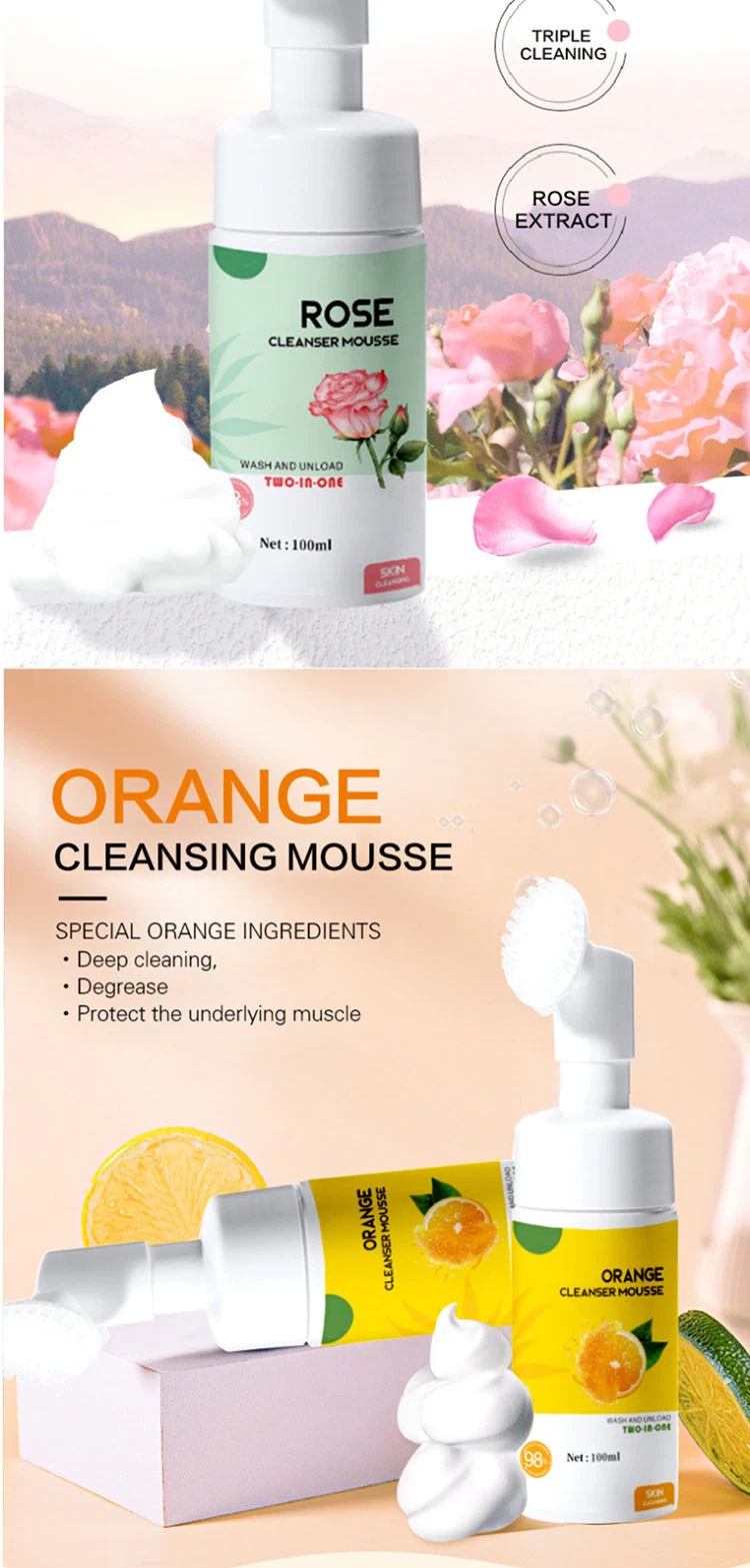 Wholesale OEM/OEM Amino Acid Vitamin C Deep Cleansing Face Wash Foaming Skin Care Mousse Remove Makeup Moisturizing Facial Cleanser with Brush