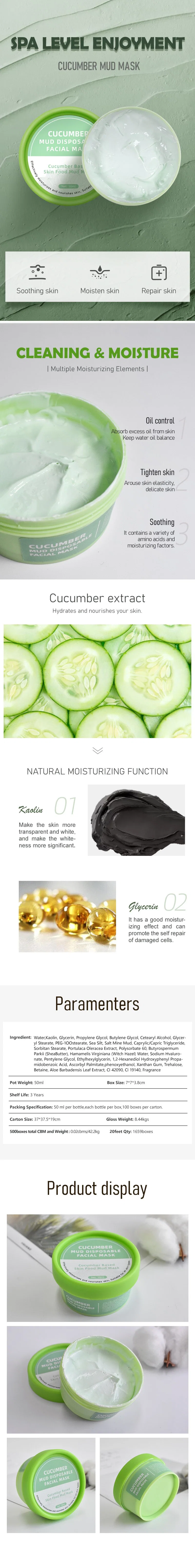 Organic Blackheads Remover Moisturizing Cucumber Face Mud Mask OEM Skin Care Facial Clay Masks