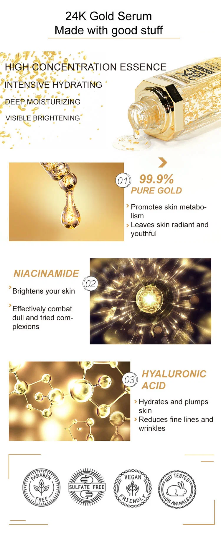 Private Label Cosmetics Manufacturer Lightening Hydrating Anti-Aging 24K Gold Serum