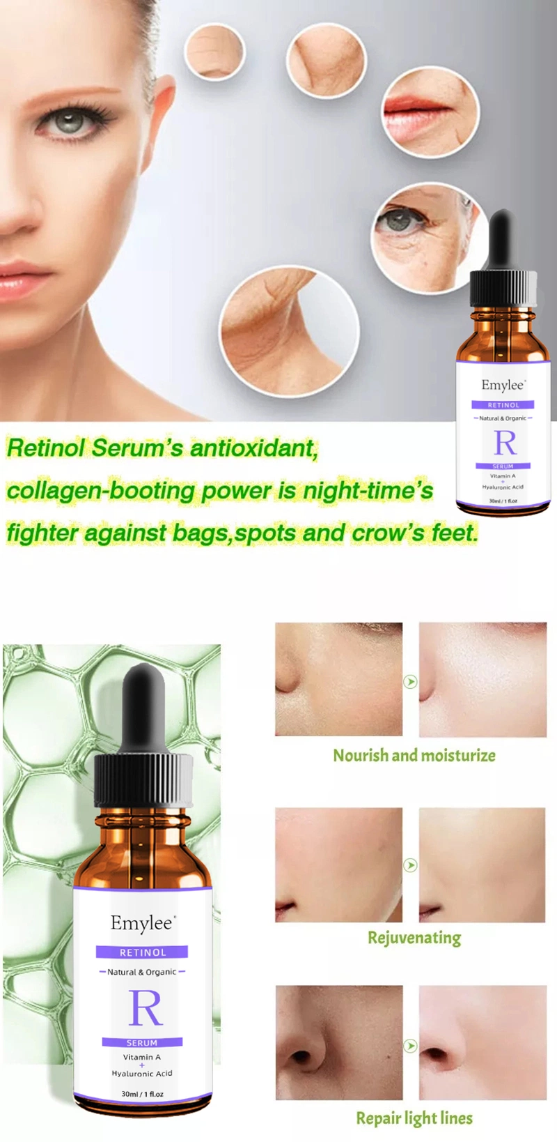 Private Label OEM Skin Care Anti Aging Wrinkle Brightening Hyaluronic Acid + Vitamin E Face 2.5% Retinol Serum