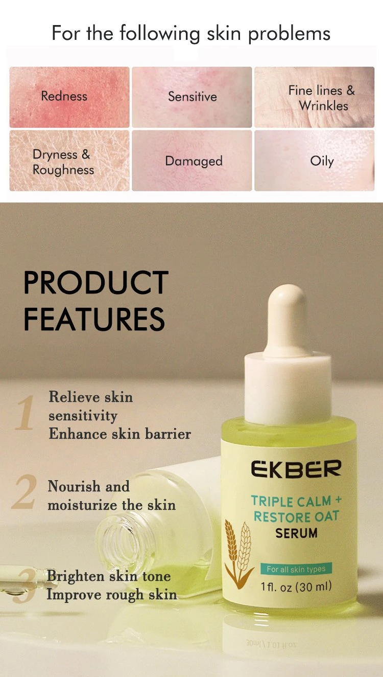 Amazon Hot Sale Ekber Organic Triple Calm and Sooth Oat Repair Face Serum Anti Aging Smooth Skin Care Facial Serum 30ml