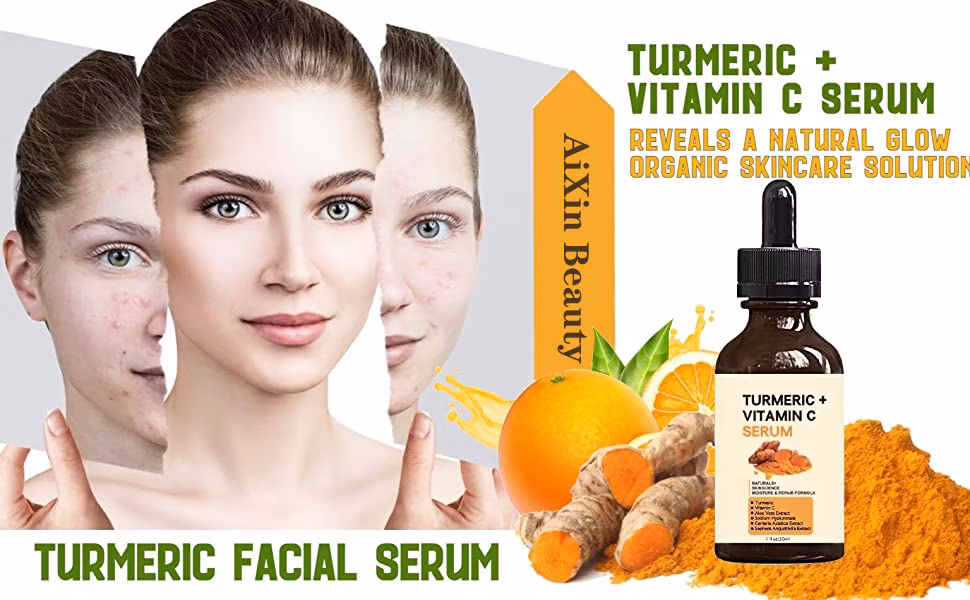 Aixin OEM Organic Turmeric Face Serum + Vitamin C, Acne Treatment, Clear Skin Toner, Hydrate Dull &amp; Dry Skin, Anti-Aging Facial Serum