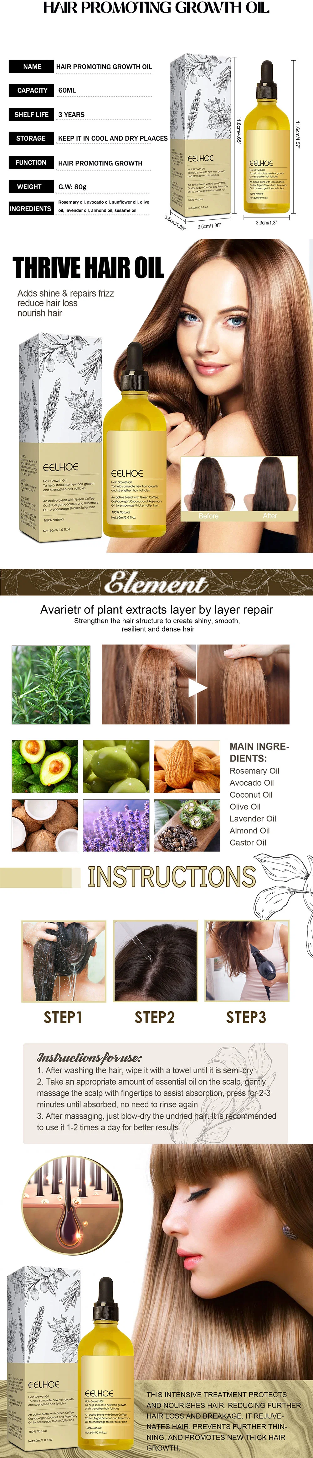 Rosemary Hair Dense Growth Essential Oil Nourish Repair Damaged Hair Growth Promoting Essential Prevent Hair Loss Serum