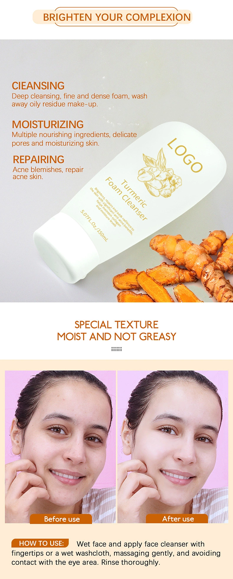 Skin Care Products Turmeric Oil Control Acne Whitening Moisturizing Foam Facial Cleanser