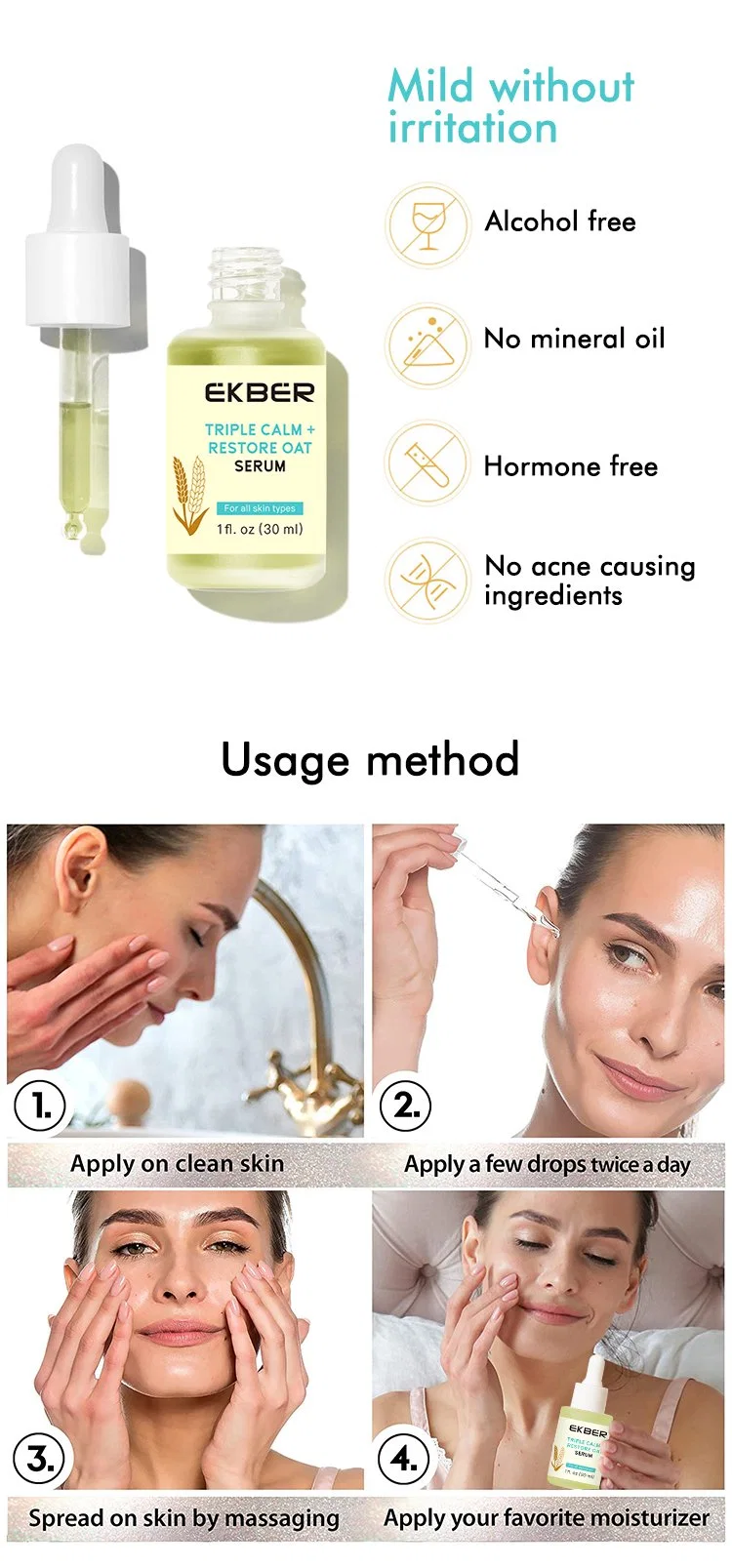 Customize Logo Natural Skin Care Serum Oat Hydrating Face Serum Triple Calm and Sooth Oat Serum for Sensitive Skin 30ml