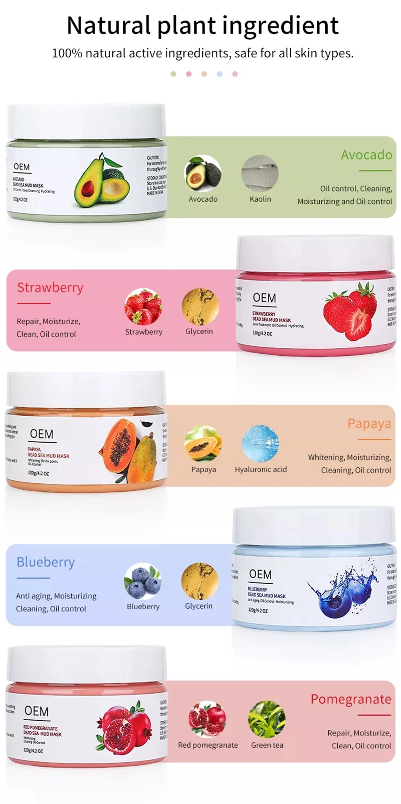 Private Label Shrink Pores Fruit Facial Dead Sea Mud Mask Green Pink Natural Organic Papaya Blueberry Face Clay Mud Mask