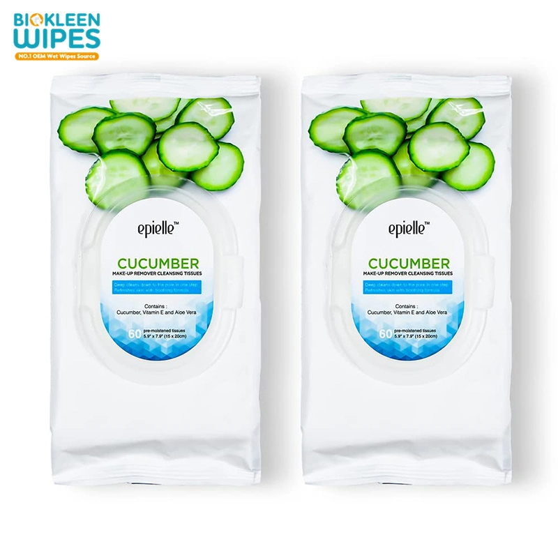 Biokleen OEM Free Sample 3 in 1 Makeup Removal Daily Pre-Moisture Non-Woven Fabrics Facial Cucumber Cleansing Wipes for Adults