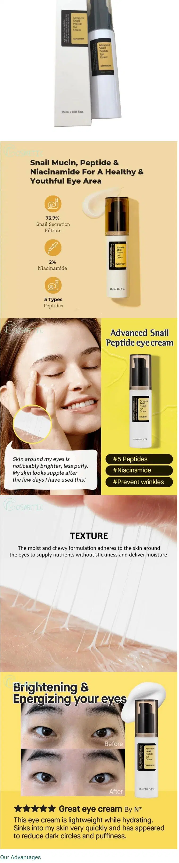 Online Wholesale in Stock Snail Peptide Eye Cream with 73.7% Snail Mucin and Niacinamide Brightening Korean Night Eye Cream Fine Lines and Dark Circles