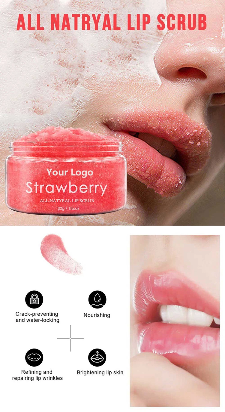 Private Label 100% Organic Vegan Lightening Lip Lines Exfoliator Pink Strawberry Sugar Lip Scrub for Dry Lip