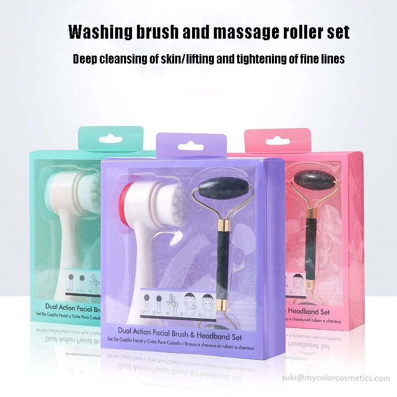 Facial Massager Brush Silicone Double-Sided Face Cleansing Brush with Jade Roller Skin Care Vibration Facial Massage Set