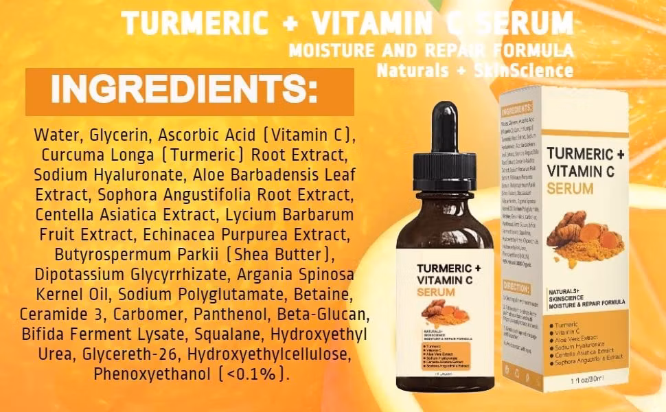 Aixin OEM Organic Turmeric Face Serum + Vitamin C, Acne Treatment, Clear Skin Toner, Hydrate Dull &amp; Dry Skin, Anti-Aging Facial Serum