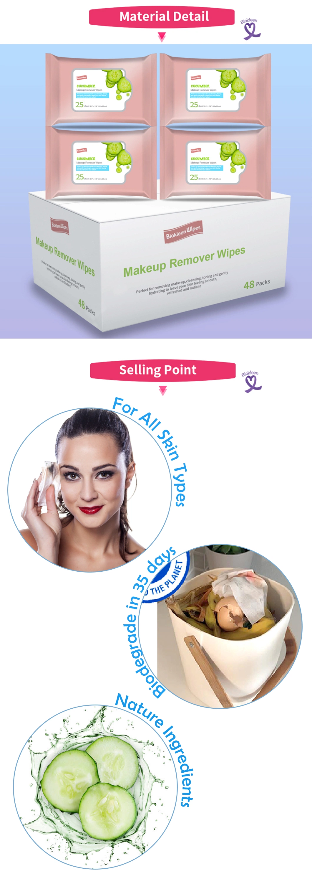 Biokleen OEM Biodegradable Cleansing Wipes Facial Makeup Removing Wipes