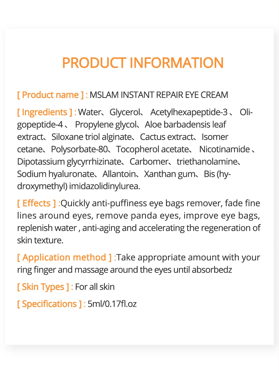 Mslam Instant Repair Eye Cream Remove Dark Circles Fine Lines Eye Bag Against Aging Deep Moisturizing Eye Cream