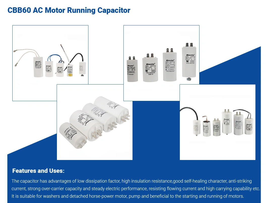 Refrigeration Cbb60 Motor Capacitor 450VAC 50/60Hz with CE TUV UL Certification 1-100UF Used in Pump B Class