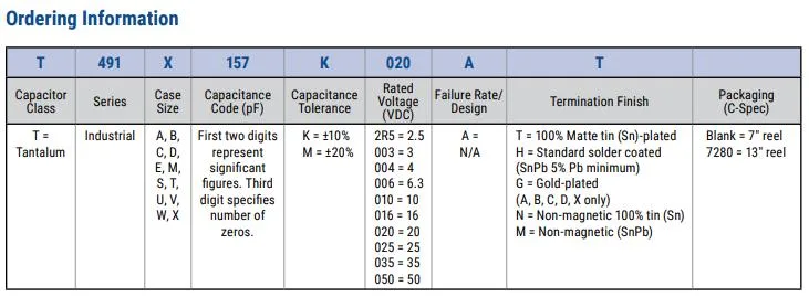 Surface Mount Standard Tantalum T491 Mno2 Voltage 2.5-50 VDC, Capacitance 0.1-1000 UF Tantalum Chip Capacitor