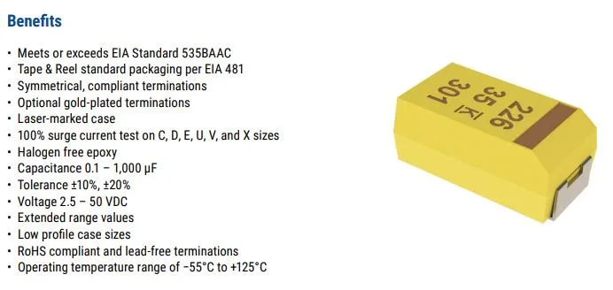 Surface Mount Standard Tantalum T491 Mno2 Voltage 2.5-50 VDC, Capacitance 0.1-1000 UF Tantalum Chip Capacitor