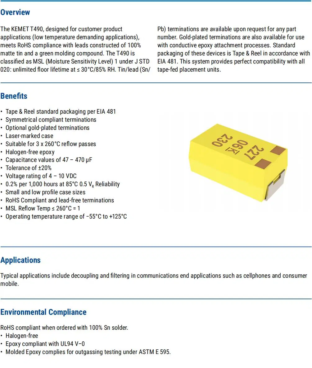 T520,Tantalum, Polymer Tantalum, 47 UF, 20%, 16 VDC, SMD, Polymer, Molded, Low Profile/ESR, Noncombustible, 70mohms, 7343, Height Max = 1.9mm Tantalum Capacitor