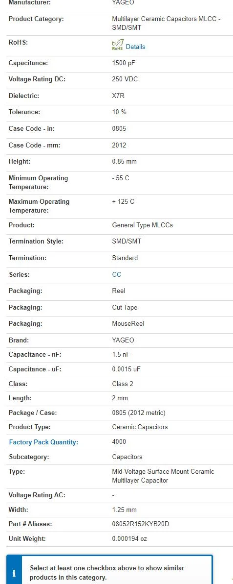 MLCC CC0805KRX7RYBB152 250V 1500pF High Voltage Ceramic Capacitors Yageo