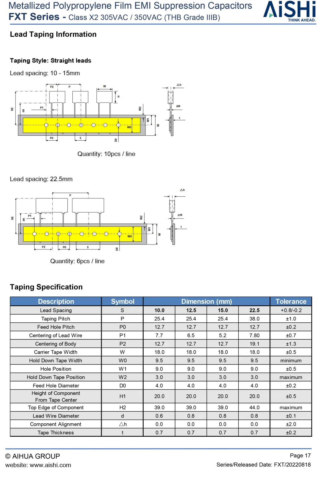 Aishi Class X2 Fxt EMI Suppression Film Capacitors