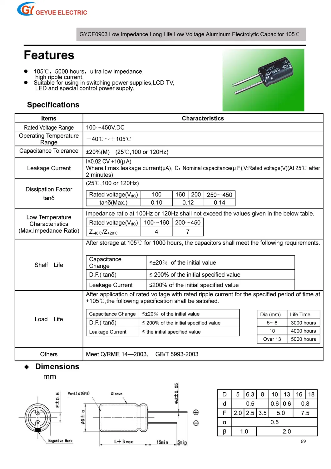 Geyue Gyce0903 Low Impedance Long Life High Voltage Aluminum Electrolytic Capacitor 105c Degrees