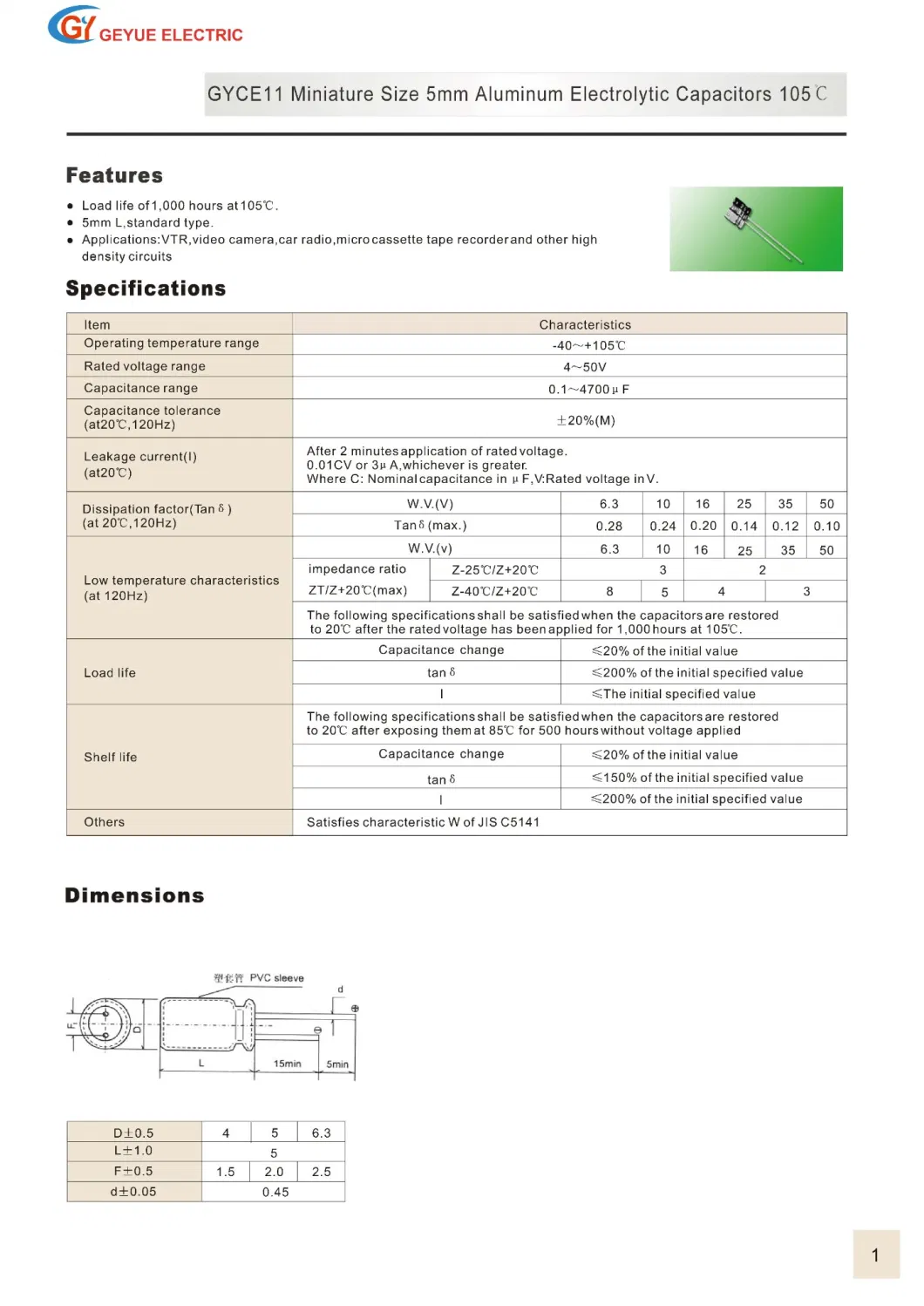 Geyue Gyce11 1000h Miniature Size 5mm Aluminum Electrolytic Capacitor 105c Degrees