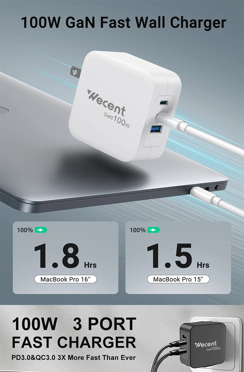 Folding 100W 3 Port GaN Pd3.0 Wall Chargers Interchangable AC Socket