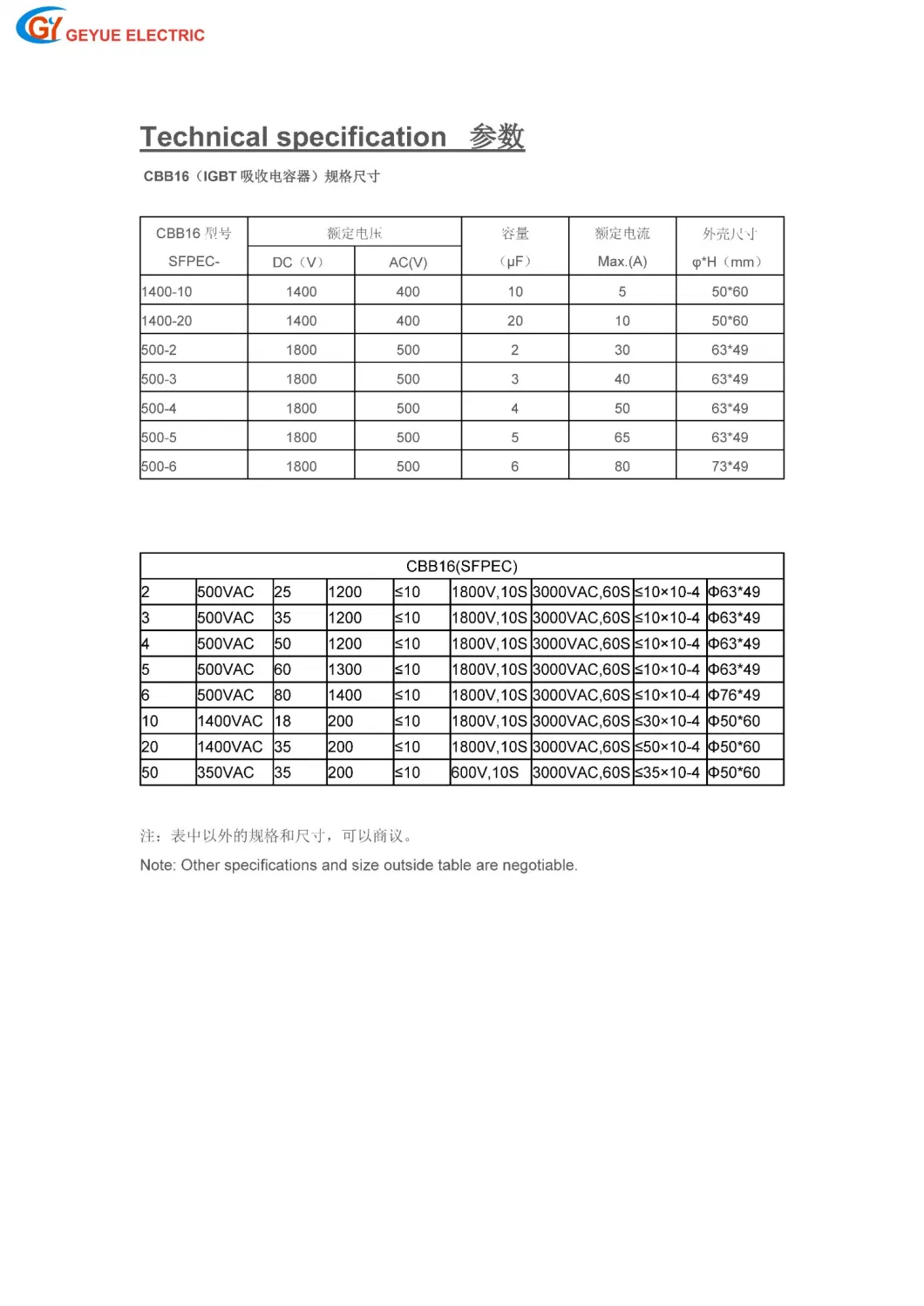 Geyue Gycf Cbb16 DC Pulse Metallized Polypropylene Capacitor