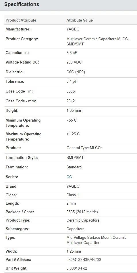 MLCC CC0805BRNPOABN3R3 200V 3.3pF C0G 0.1pF 0805 High Voltage SMD/SMT Capacitor Yageo