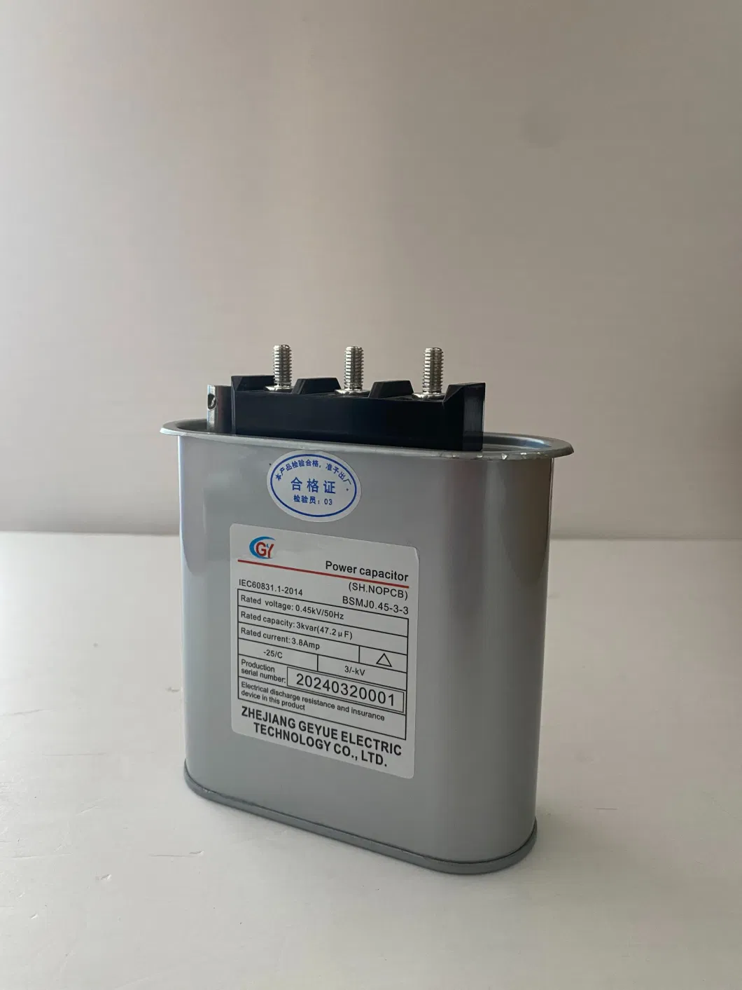 Geyue Bsmj Series Three Phase Metallized Polypropylene Film Self-Healing Shunt Capacitor (Three-phase Compensation) Type-I 0.45kv Bsmj0.45-3-3