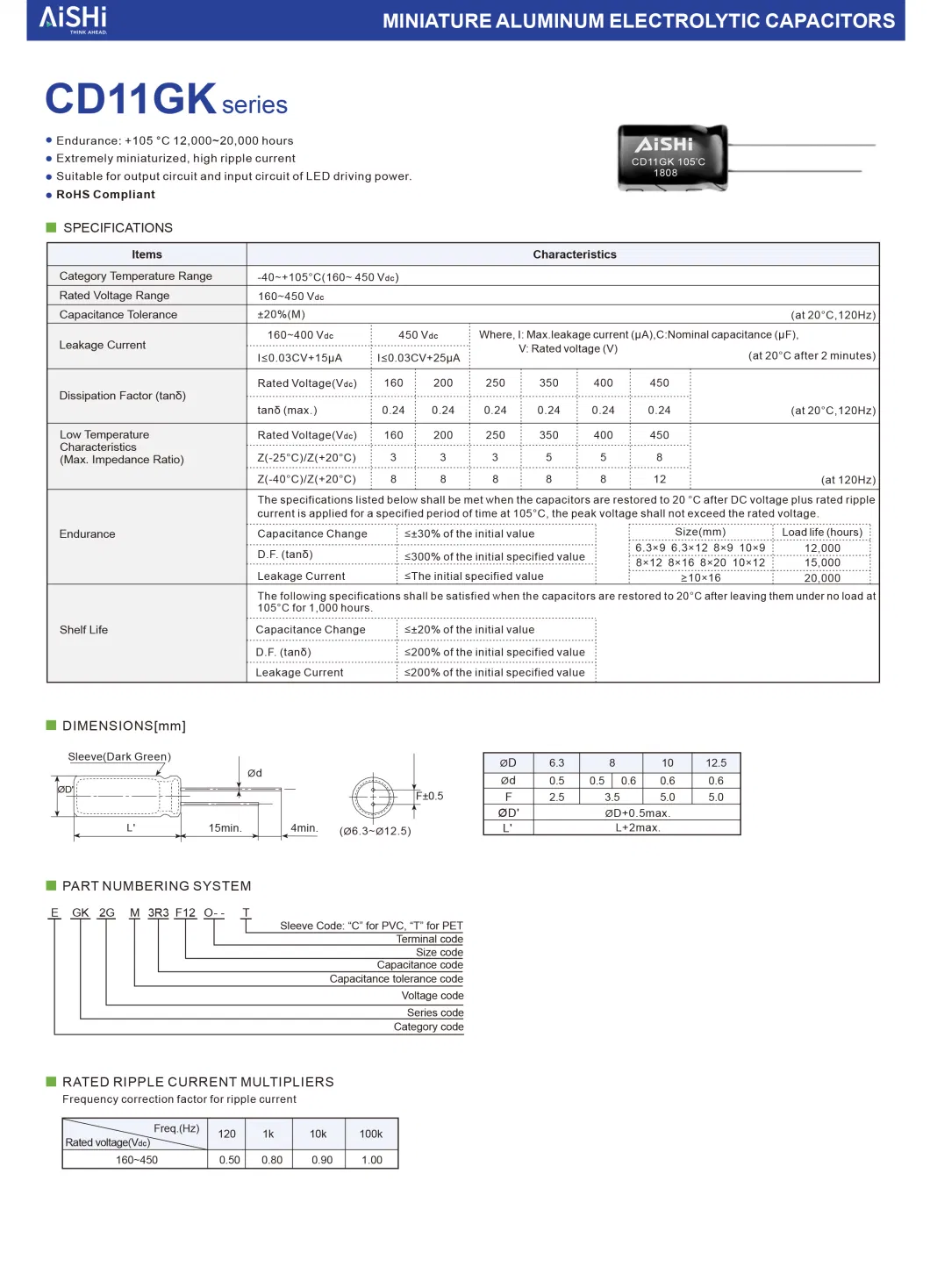 Aishi Lh Series 1000UF 200V 25X50 Aluminum Electrolytic Capacitor Elh2dm102p50kt