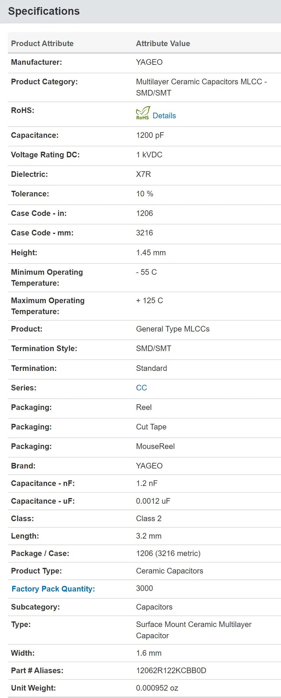 MLCC CC1206KKX7RCBB122 1kV 1200pF X7R 1206 10% High Voltage Ceramic Capacitor Yageo