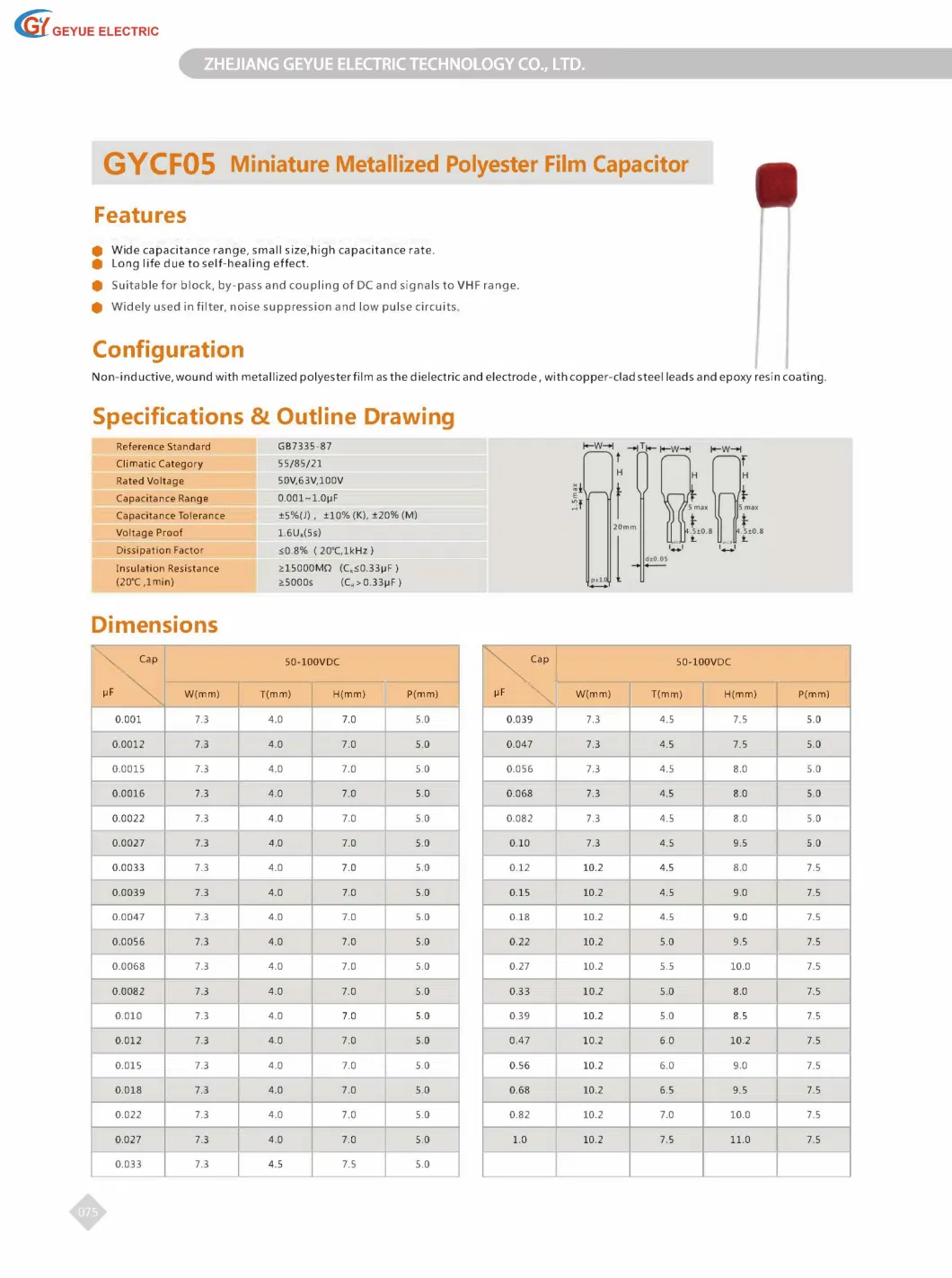 Geyue Gycf05 Miniature Metallized Polyester Film Capacitor (MEF Mini)