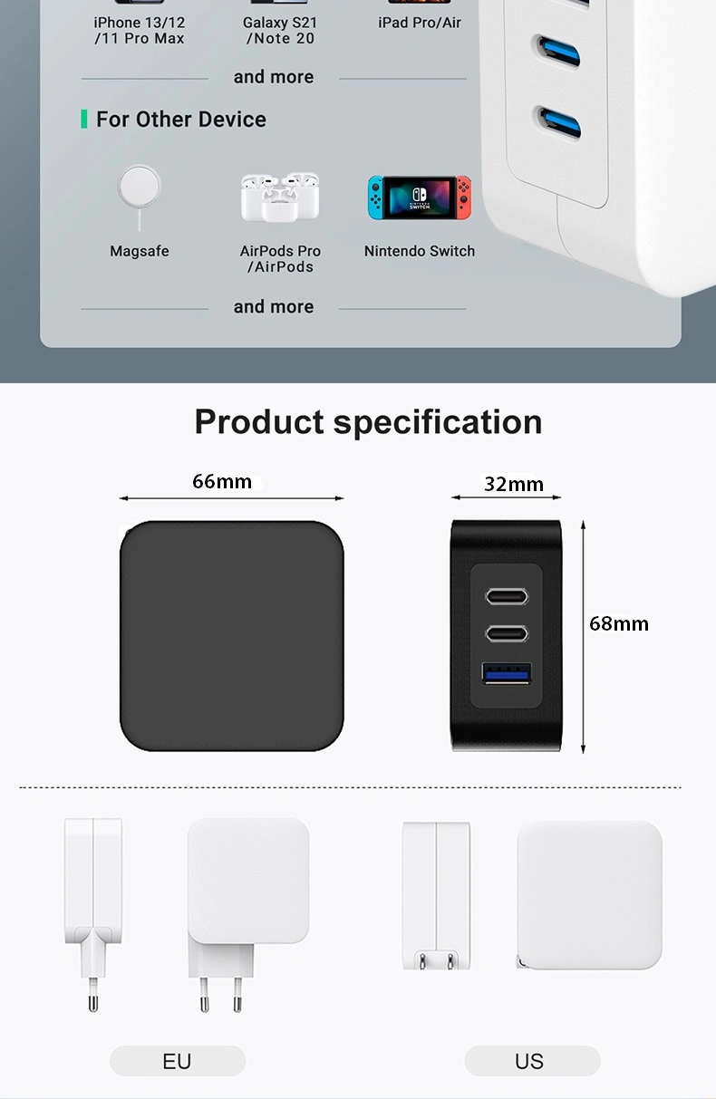 Folding 100W 3 Port GaN Pd3.0 Wall Chargers Interchangable AC Socket