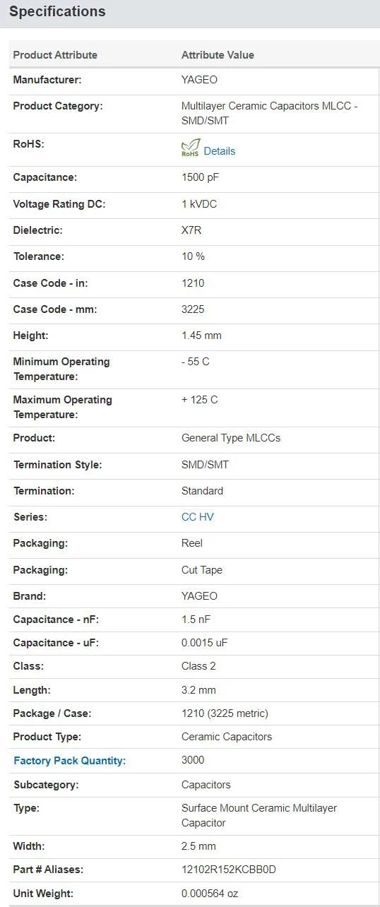 Mlcc CC1210KKX7RCBB152 1kV 1500pF X7R 1210 10% General Purpose&amp; High SMT/SMD Capacitor Yageo