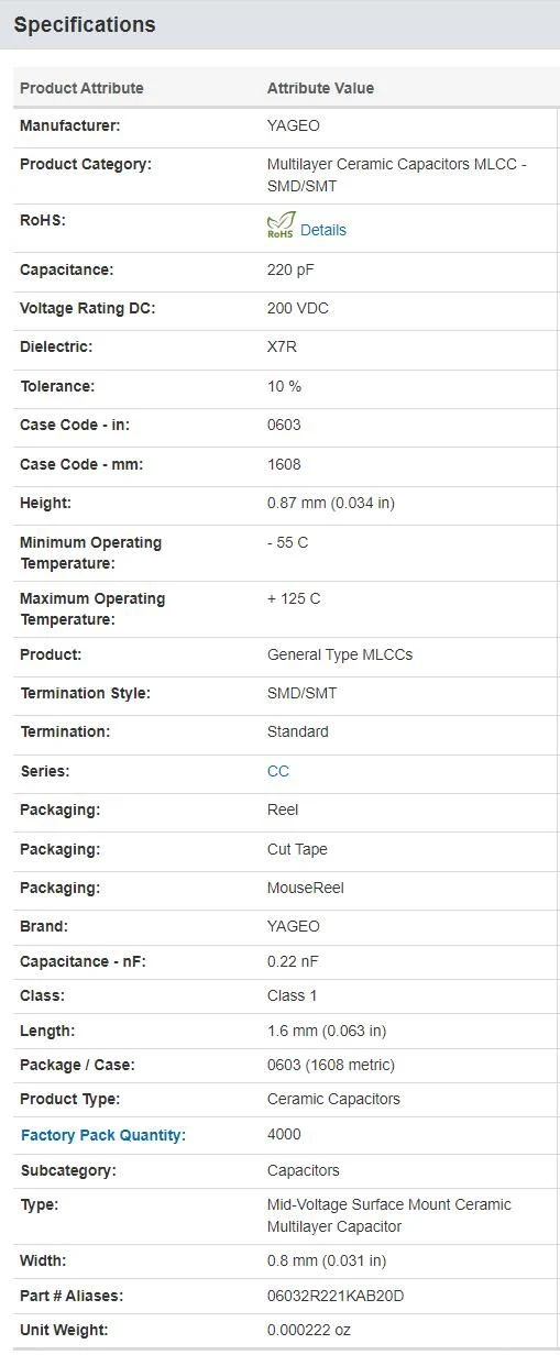 MLCC CC0603KRX7RABB221 200V 220pF X7R General Purpose&amp; High SMT/SMD Capacitor Yageo