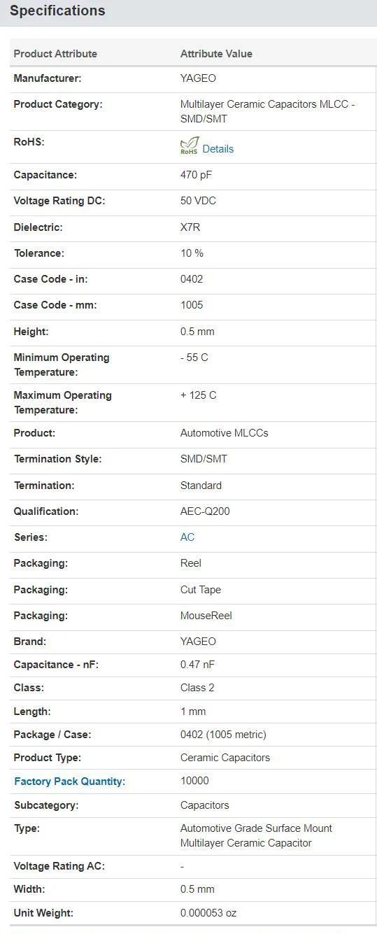 MLCC AC0402KRX7R9BB471 50 V 470pF X7R 0402 10% AEC-Q200 Automotive Capacitor Yageo