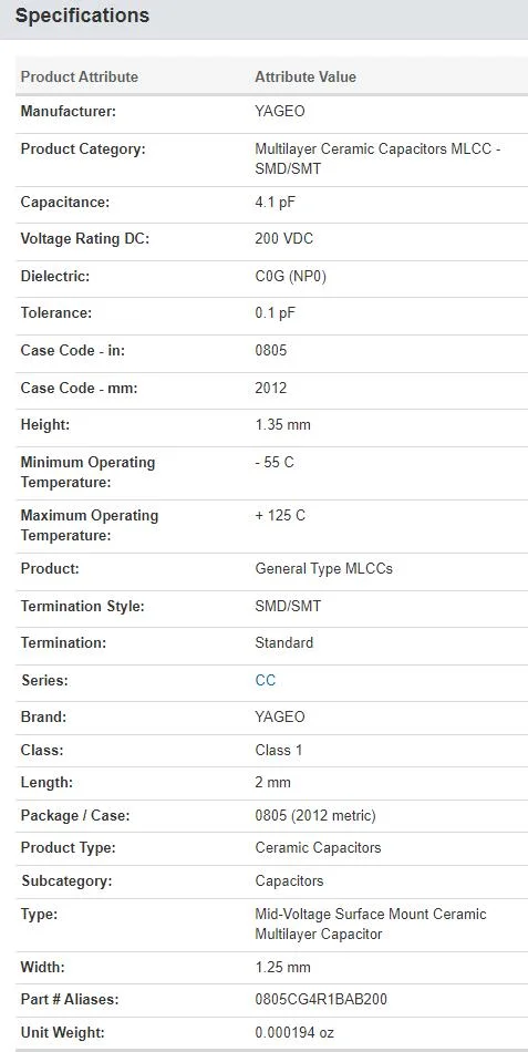 MLCC CC0805BRNPOABN4R1 200V 4.1pF C0G 0.1pF 0805 High Voltage SMD/SMT Capacitor Yageo