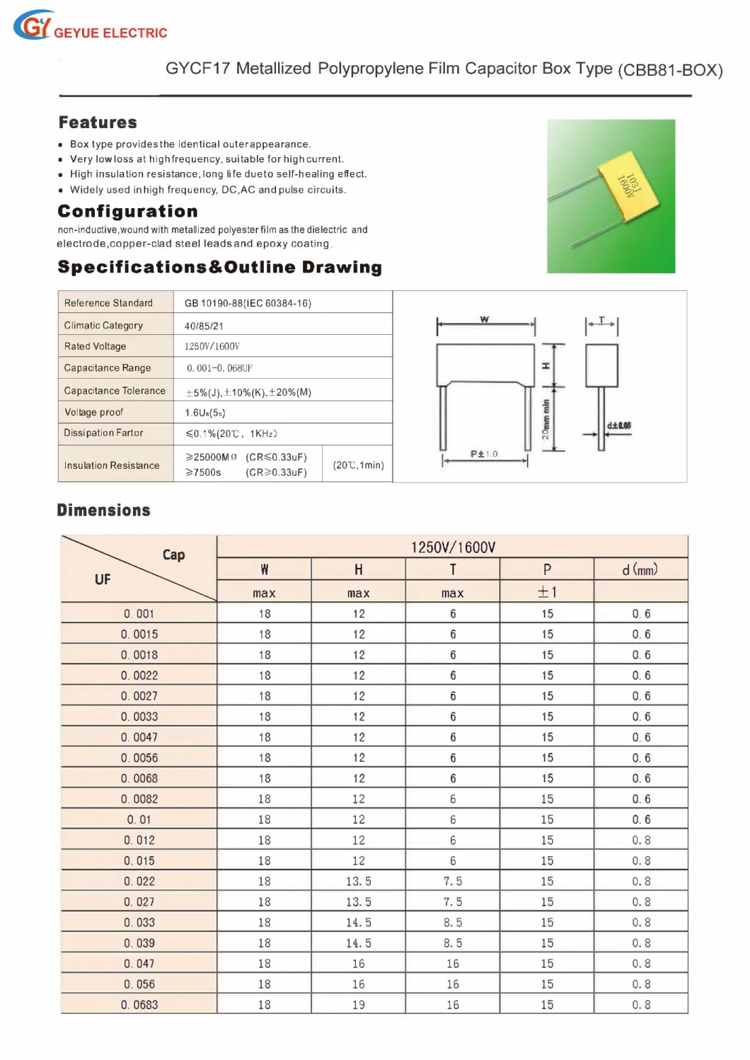 Geyue Gycf17 Metallized Polypropylene Film Capacitor Box Type Mpb Cbb81-Box